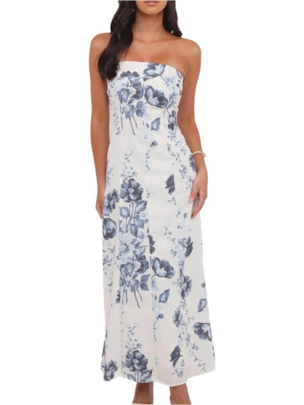 Petal & Pup Blue Floral Strapless Maxi Dress Linen Blend Size S